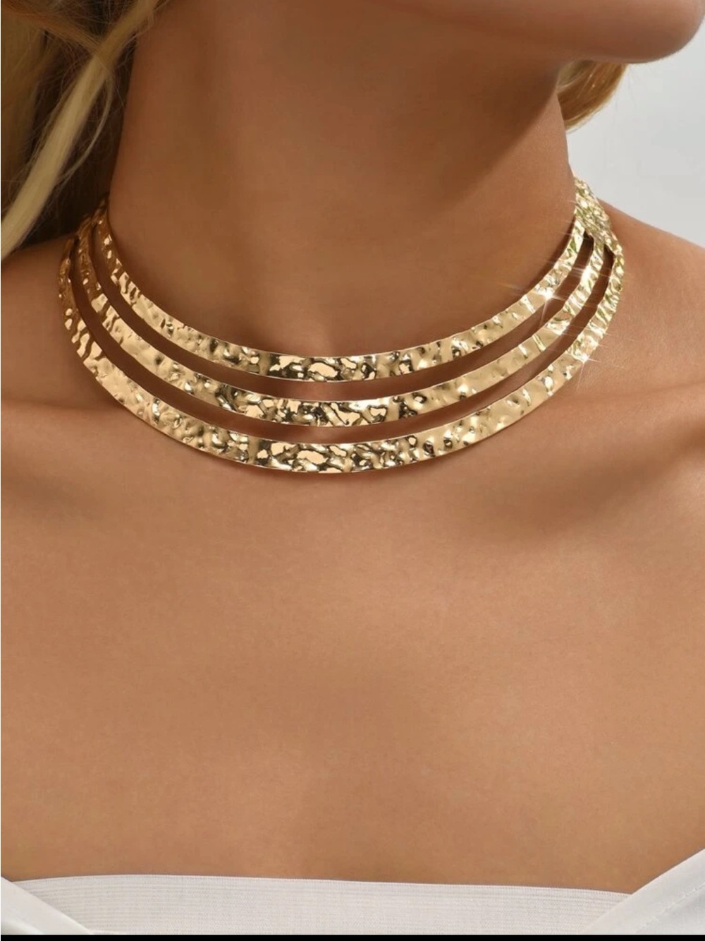 Hammered Gold Triple-Band Choker Necklace